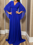 A-line V-neck 3/4 Sleeves Pleated Floor-Length Chiffon Mother of the Bride Dress