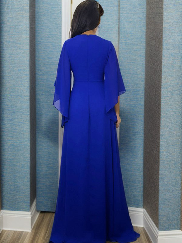 A-line V-neck 3/4 Sleeves Pleated Floor-Length Chiffon Mother of the Bride Dress