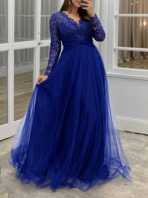 A-line V-neck Long Sleeves Appliques Lace Floor-Length Tulle Mother of the Bride Dress