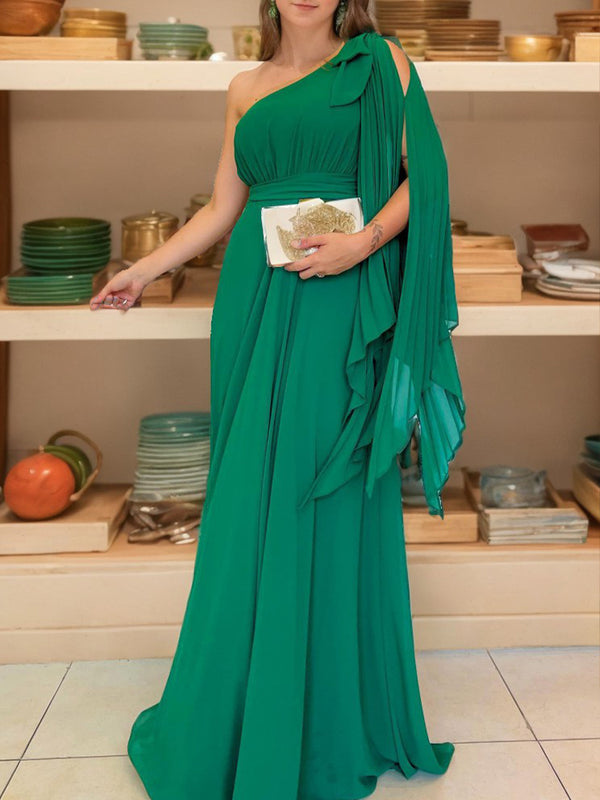 A-line One-Shoulder Pleated Floor-Length Chiffon Mother of the Bride Dress