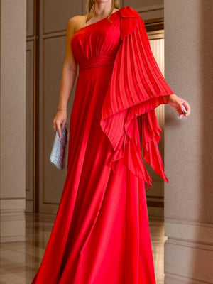 A-line One-Shoulder Pleated Floor-Length Chiffon Mother of the Bride Dress