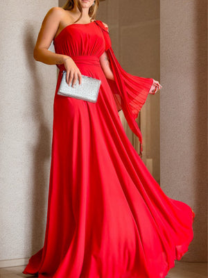 A-line One-Shoulder Pleated Floor-Length Chiffon Mother of the Bride Dress