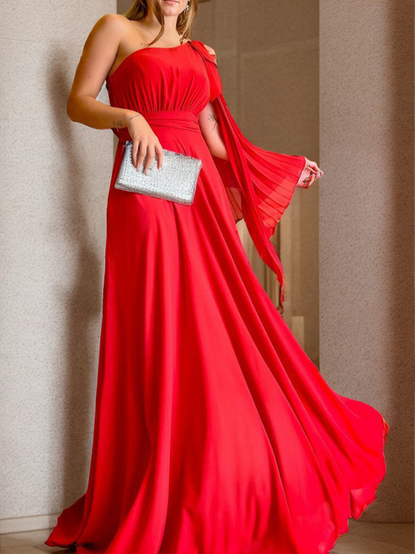 A-line One-Shoulder Pleated Floor-Length Chiffon Mother of the Bride Dress