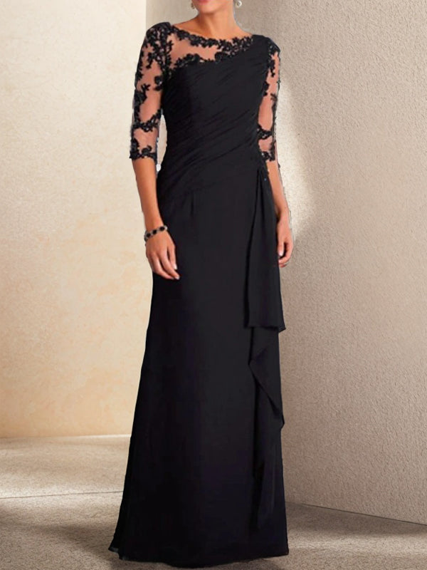 Sheath Scoop 3/4 Sleeves Appliques Lace Floor-Length Chiffon Mother of the Bride Dress