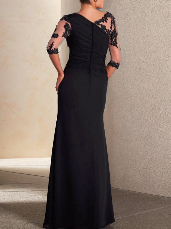Sheath Scoop 3/4 Sleeves Appliques Lace Floor-Length Chiffon Mother of the Bride Dress