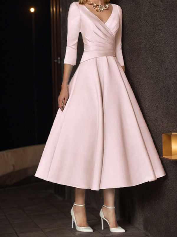 A-line V-neck 3/4 Sleeves Pleated Tea-Length Satin Mother of the Bride Dress