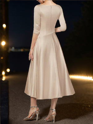 A-line V-neck 3/4 Sleeves Pleated Tea-Length Satin Mother of the Bride Dress