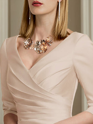 A-line V-neck 3/4 Sleeves Pleated Tea-Length Satin Mother of the Bride Dress