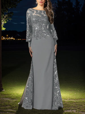 Sheath Bateau Long Sleeves Sequin Floor-Length Chiffon Mother of the Bride Dress