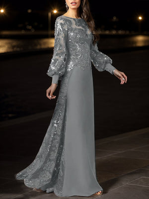 Sheath Bateau Long Sleeves Sequin Floor-Length Chiffon Mother of the Bride Dress