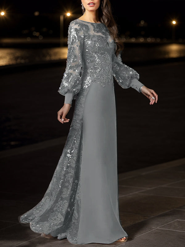 Sheath Bateau Long Sleeves Sequin Floor-Length Chiffon Mother of the Bride Dress
