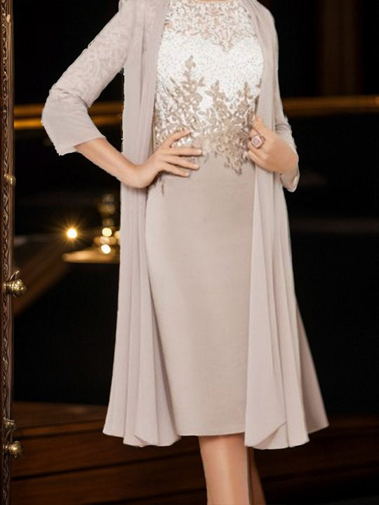 Sheath Bateau 3/4 Sleeves Applique Knee-Length Chiffon Mother of the Bride Dress