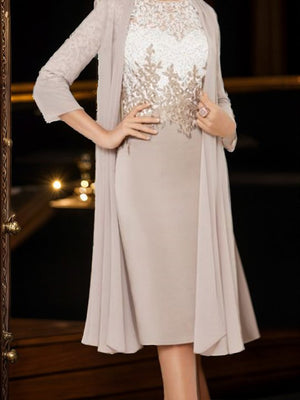 Sheath Bateau 3/4 Sleeves Applique Knee-Length Chiffon Mother of the Bride Dress