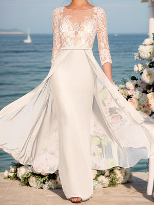 Sheath Bateau 3/4 Sleeves Applique Floor-Length Chiffon Mother of the Bride Dress