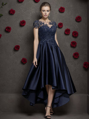 A-line Bateau Short Sleeves Applique Asymmetrical Satin Mother of the Bride Dress