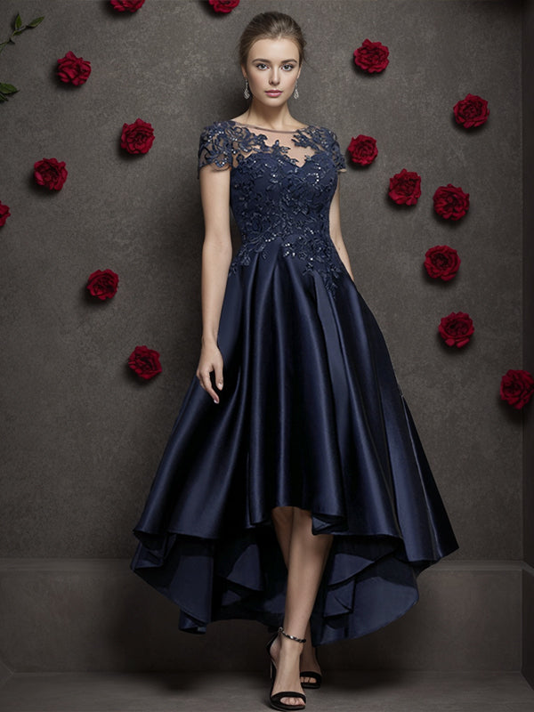 A-line Bateau Short Sleeves Applique Asymmetrical Satin Mother of the Bride Dress