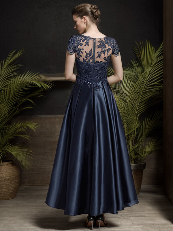 A-line Bateau Short Sleeves Applique Asymmetrical Satin Mother of the Bride Dress