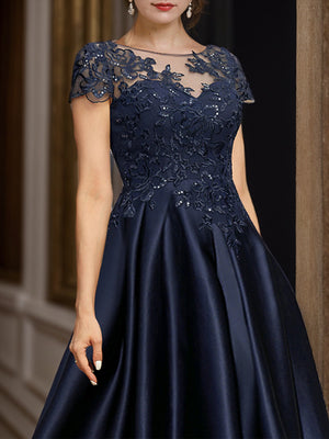 A-line Bateau Short Sleeves Applique Asymmetrical Satin Mother of the Bride Dress