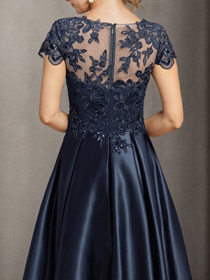 A-line Bateau Short Sleeves Applique Asymmetrical Satin Mother of the Bride Dress