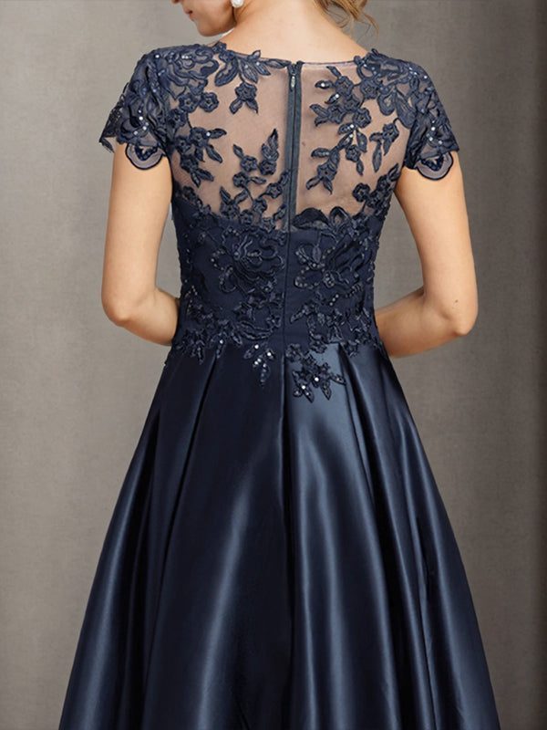 A-line Bateau Short Sleeves Applique Asymmetrical Satin Mother of the Bride Dress