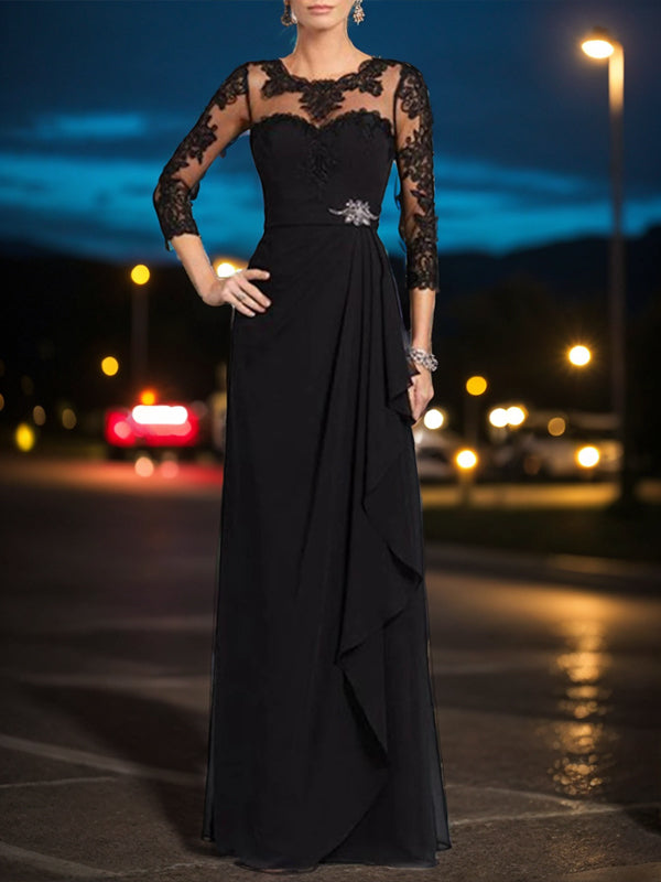 A-line Bateau 3/4 Sleeves Ruffles Floor-Length Chiffon Mother of the Bride Dress