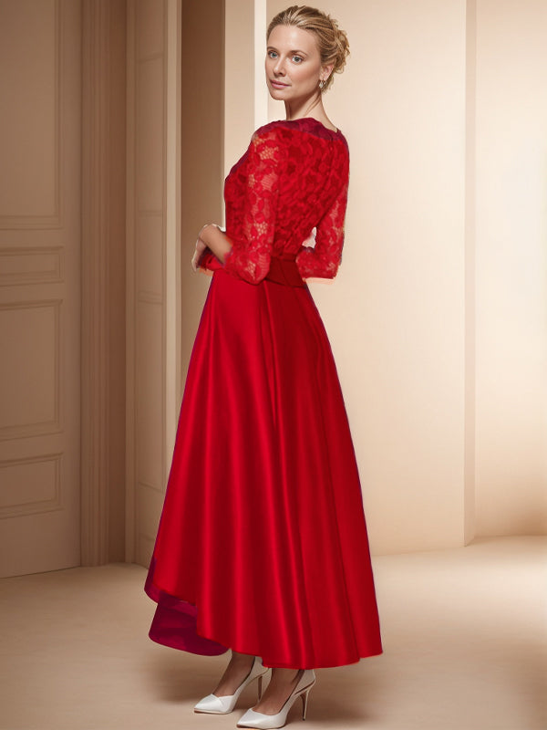 A-line Bateau 3/4 Sleeves Ruffles Asymmetrical Satin Mother of the Bride Dress