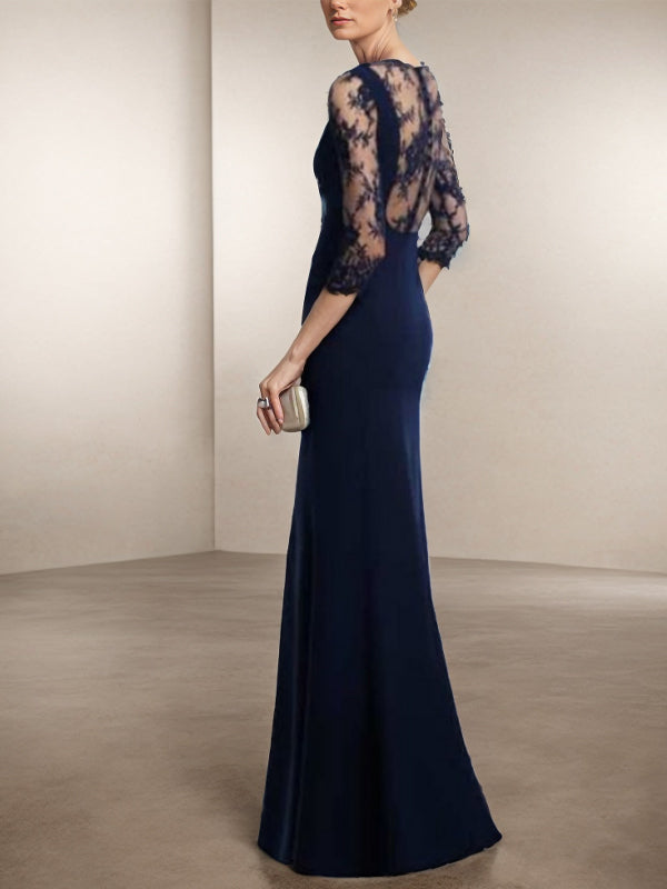 Sheath Bateau 3/4 Sleeves Applique Floor-Length Stretch Crepe Mother of the Bride Dress