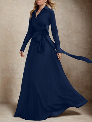 A-line V-neck Long Sleeves Bow Floor-Length Two Piece Chiffon Mother of the Bride Dress