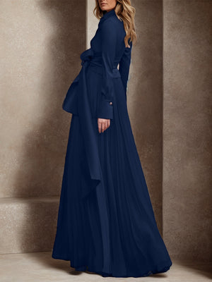 A-line V-neck Long Sleeves Bow Floor-Length Two Piece Chiffon Mother of the Bride Dress