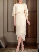 Sheath Bateau 3/4 Sleeves Applique Tea-Length Chiffon Mother of the Bride Dress