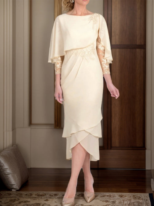 Sheath Bateau 3/4 Sleeves Applique Tea-Length Chiffon Mother of the Bride Dress