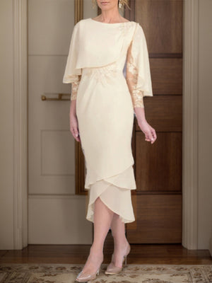 Sheath Bateau 3/4 Sleeves Applique Tea-Length Chiffon Mother of the Bride Dress