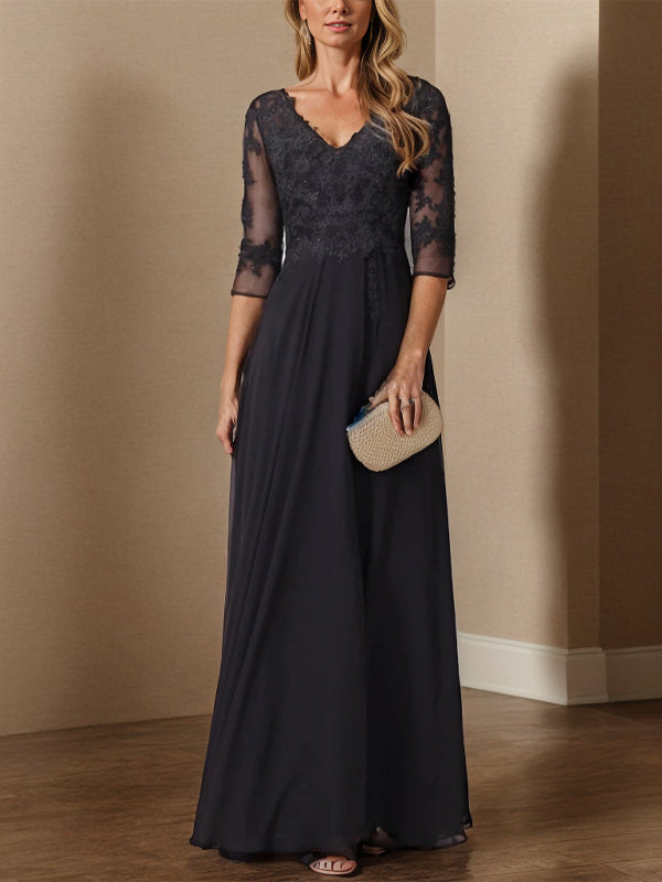 A-line V-neck 3/4 Sleeves Ruffles Floor-Length Chiffon Mother of the Bride Dress