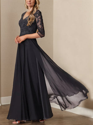 A-line V-neck 3/4 Sleeves Ruffles Floor-Length Chiffon Mother of the Bride Dress