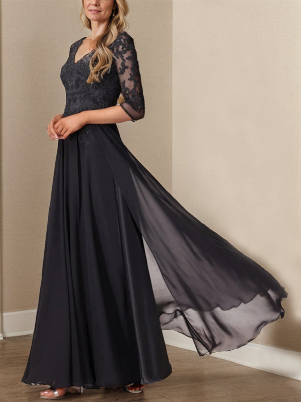 A-line V-neck 3/4 Sleeves Ruffles Floor-Length Chiffon Mother of the Bride Dress