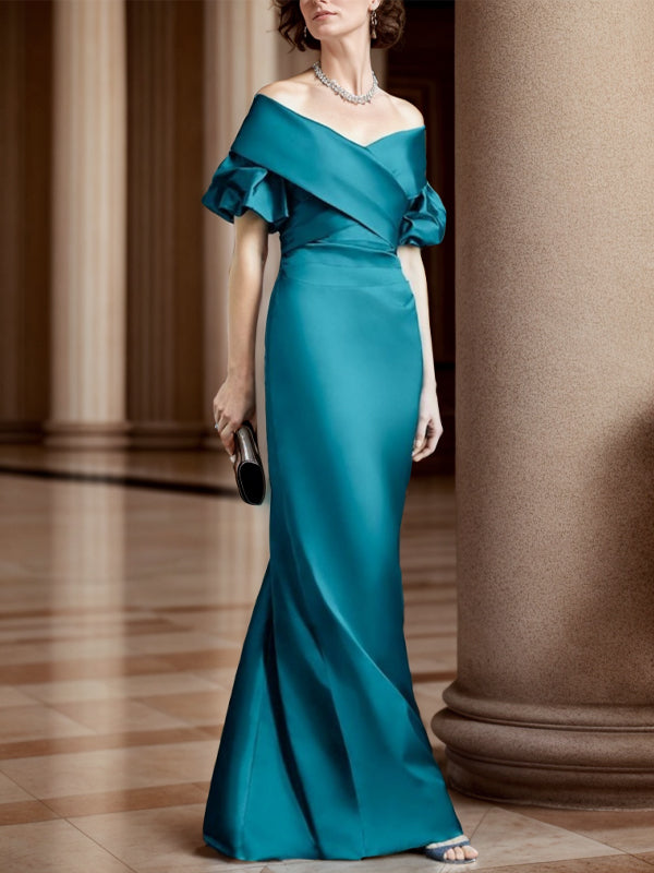 Sheath Off-the-Shoulder Short Sleeves Pleated Floor-Length Satin Mother of the Bride Dress