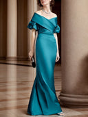 Sheath Off-the-Shoulder Short Sleeves Pleated Floor-Length Satin Mother of the Bride Dress