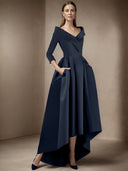 A-line V-neck 3/4 Sleeves Pleated Asymmetrical Satin Mother of the Bride Dress