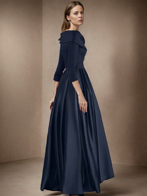 A-line V-neck 3/4 Sleeves Pleated Asymmetrical Satin Mother of the Bride Dress