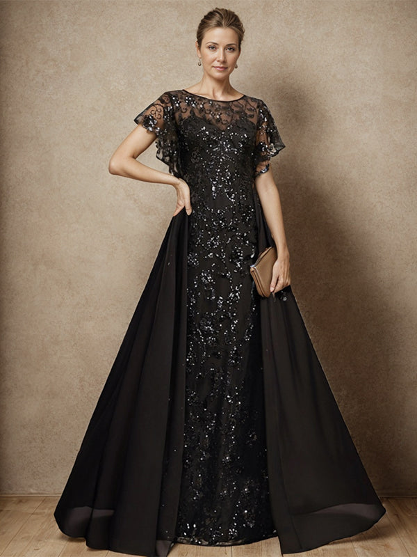 A-line Bateau Short Sleeves Sequin Floor-Length Chiffon Mother of the Bride Dress
