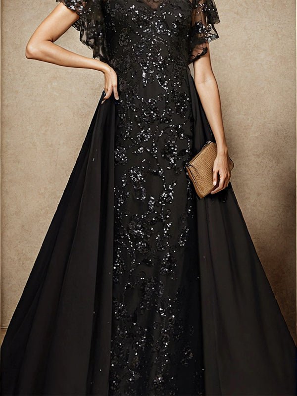 A-line Bateau Short Sleeves Sequin Floor-Length Chiffon Mother of the Bride Dress