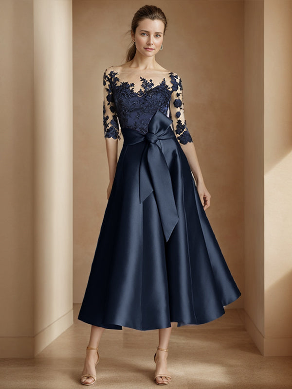 A-line Illusion 3/4 Sleeves Bow Tea-Length Satin Mother of the Bride Dress