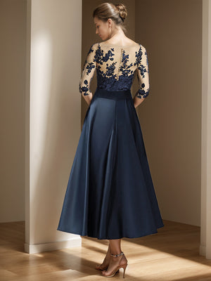 A-line Illusion 3/4 Sleeves Bow Tea-Length Satin Mother of the Bride Dress