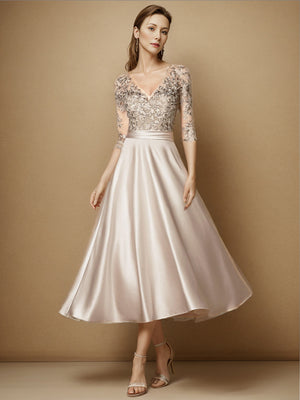 A-line V-neck 3/4 Sleeves Applique Tea-Length Satin Mother of the Bride Dress