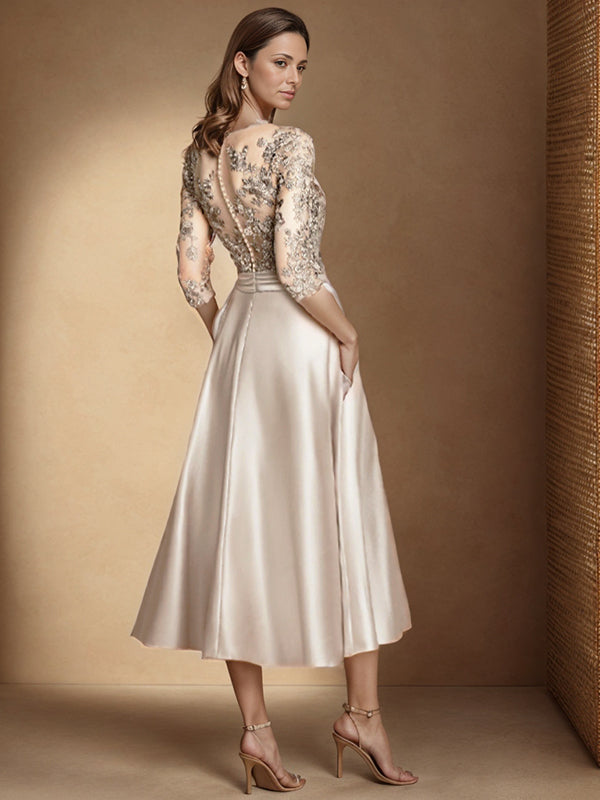 A-line V-neck 3/4 Sleeves Applique Tea-Length Satin Mother of the Bride Dress