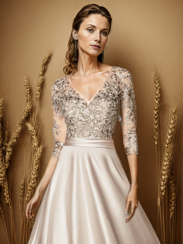 A-line V-neck 3/4 Sleeves Applique Tea-Length Satin Mother of the Bride Dress