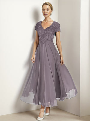 A-line V-neck Short Sleeves Ruffles Ankle-Length Chiffon Mother of the Bride Dress