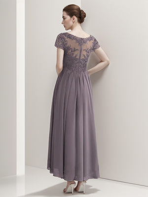 A-line V-neck Short Sleeves Ruffles Ankle-Length Chiffon Mother of the Bride Dress