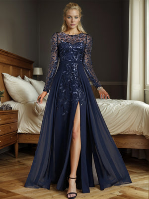 A-line Bateau Long Sleeves Ruffles Floor-Length Chiffon Mother of the Bride Dress