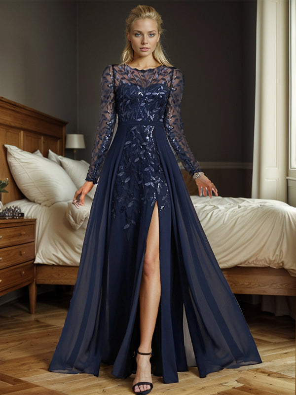 A-line Bateau Long Sleeves Ruffles Floor-Length Chiffon Mother of the Bride Dress